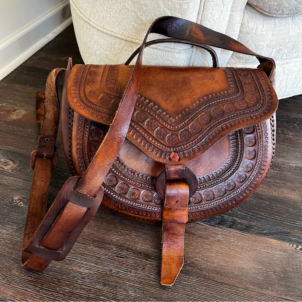Handmade Brown Tooled Leather Crossbody Saddle Bag Made in Mexico NEW - Picture 9 of 14